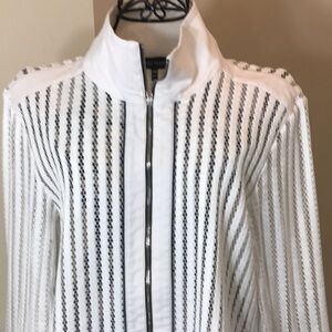 Ming Wang White Lace Full Zipper Jacket with Black Trim
